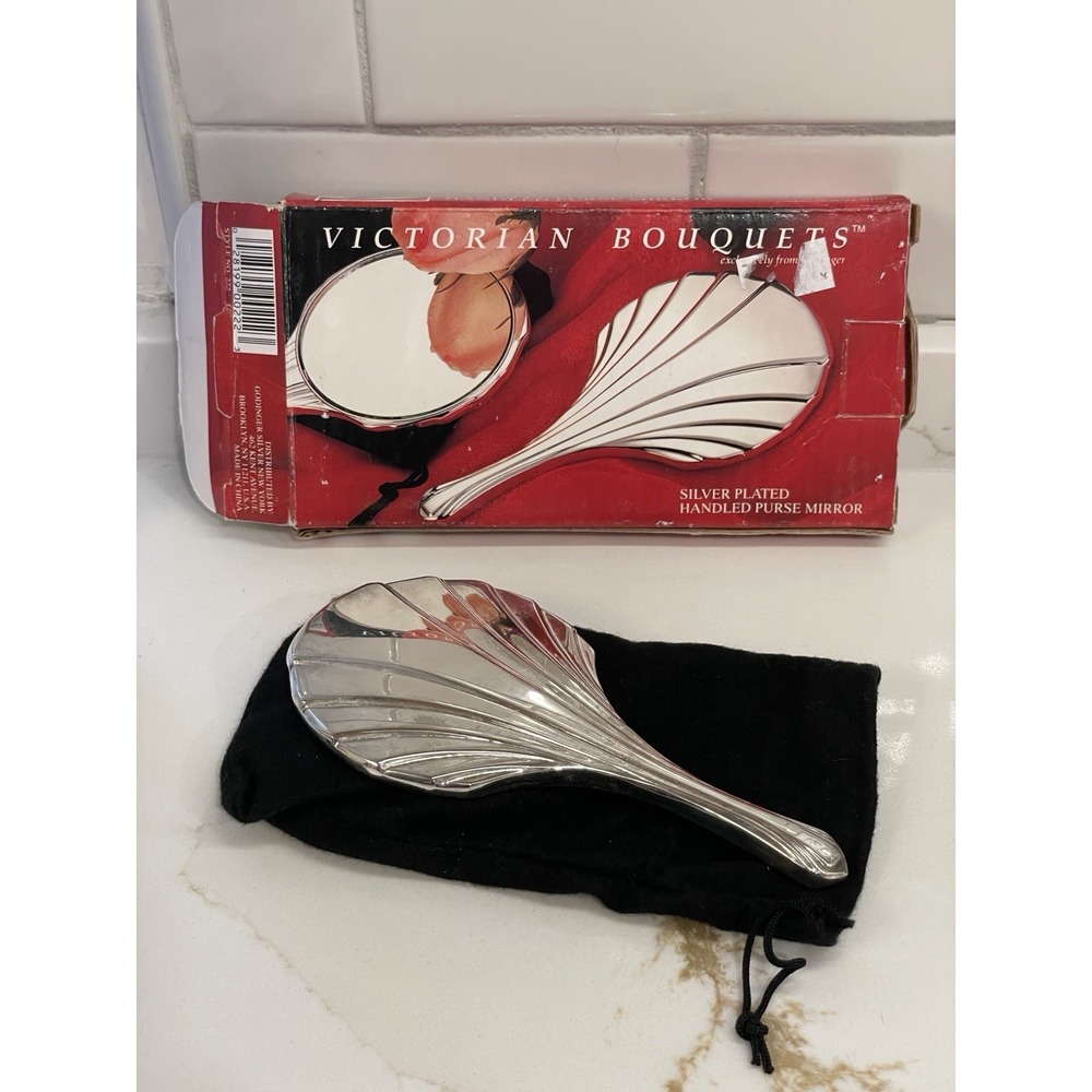 Vintage Godinger Silverplated Hand Mirror Purse Vanity 5 in Pouch 1993 New